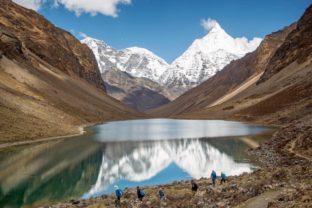 Lake and snowy mountain view jomolhari trek