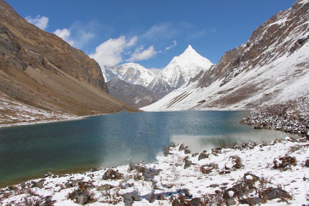 Snowy mountain and lake view jomolhari trek